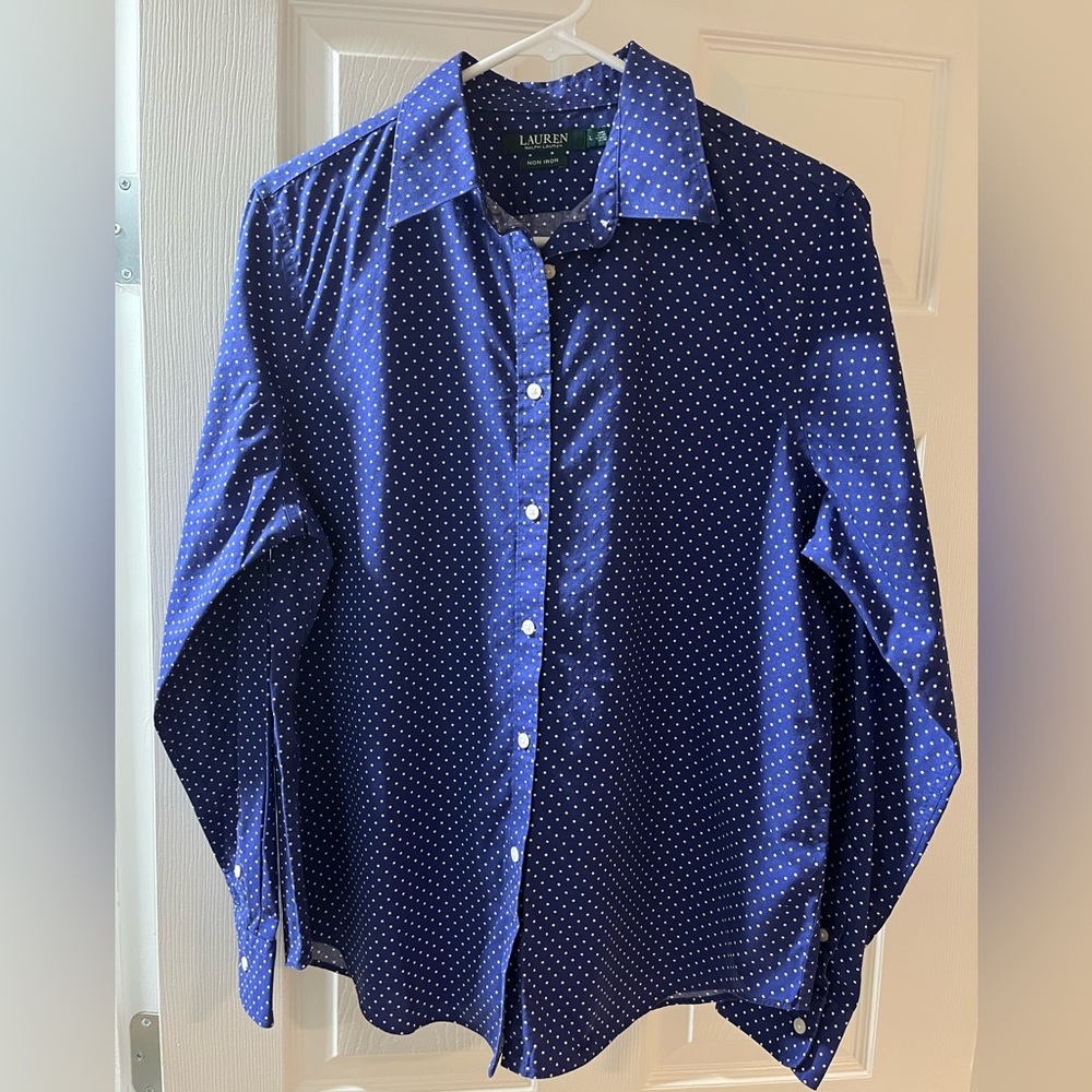 ***Non Iron Ralph Lauren blue with white polka dot long sleeve button up shirt.